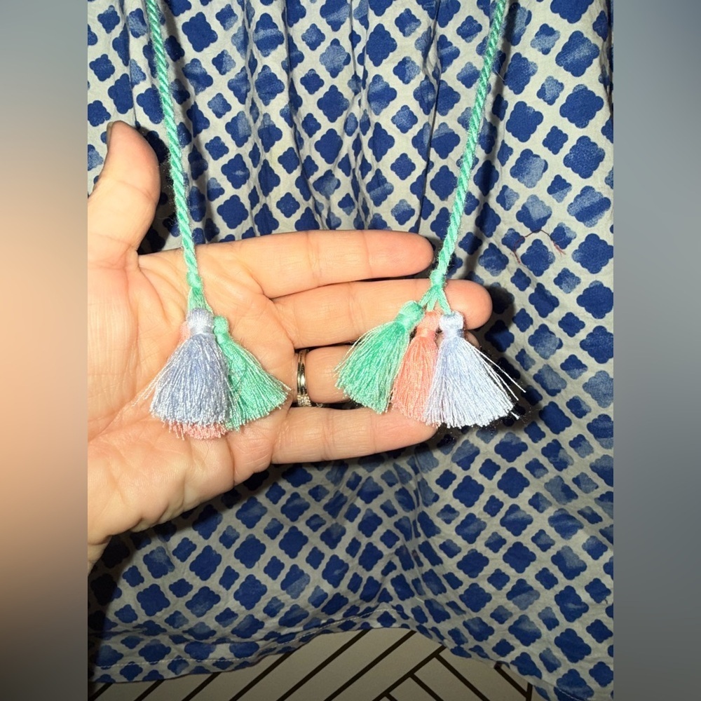 Matilda Jane Babydoll Blouse Size M Blue Geometric Tassel Tie Boho Top - Picture 12 of 12